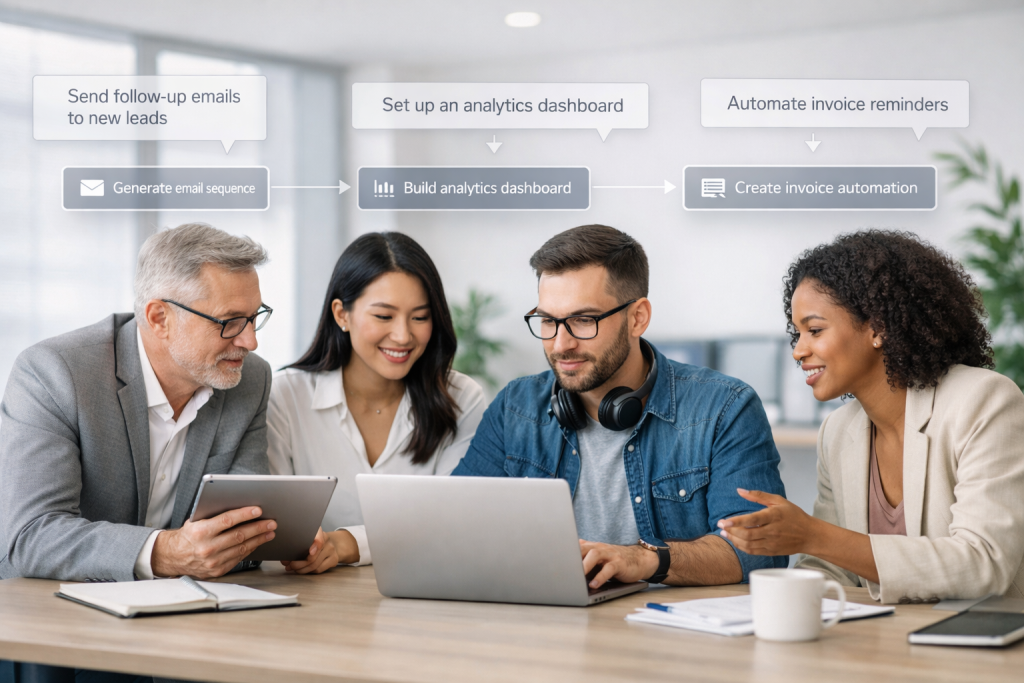 A small business team collaborating with AI-assisted software tools to plan a custom digital solution.