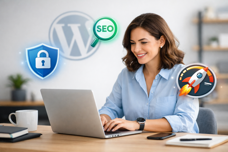 Professional small business owner using laptop with icons representing WordPress plugins for security, SEO, and performance.
