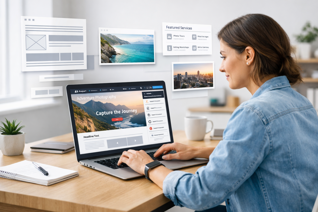 A person using AI tools to build a modern website on a laptop.