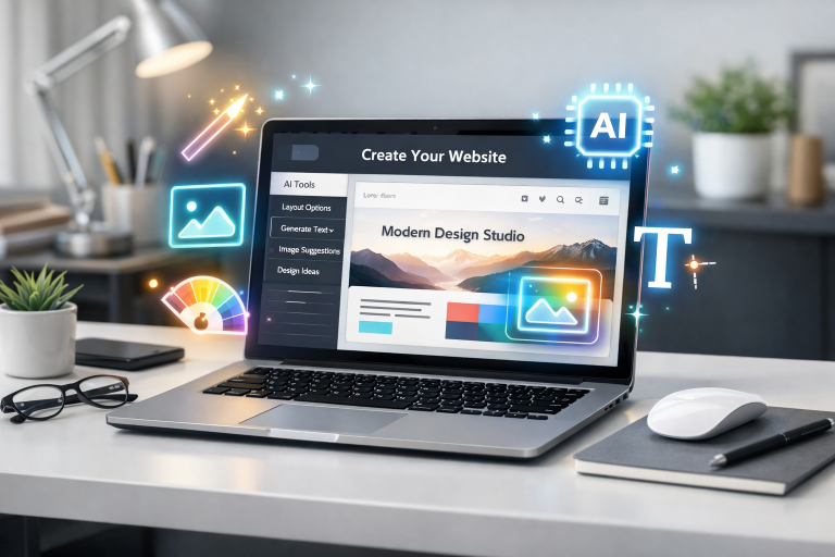 Modern professional workspace with AI-powered website builder interface on laptop screen