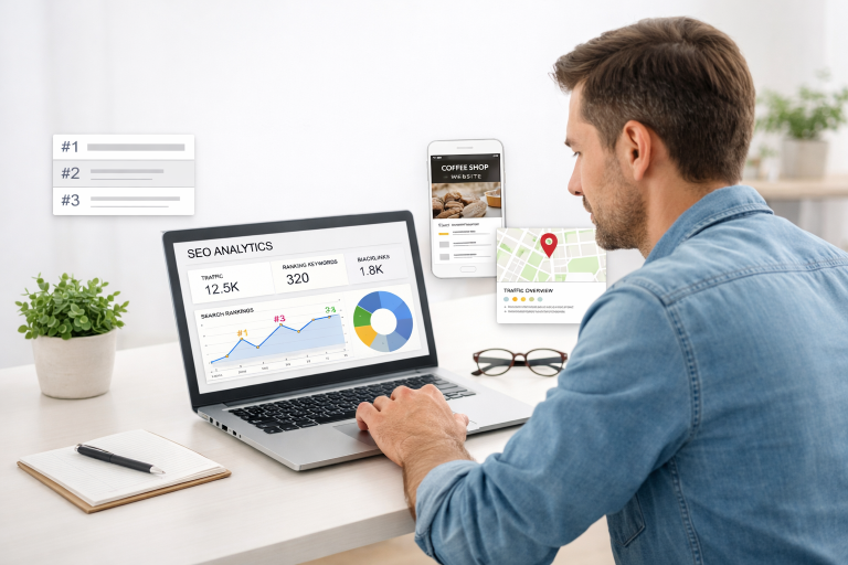 Small business owner reviewing SEO basics on a laptop in a modern workspace.
