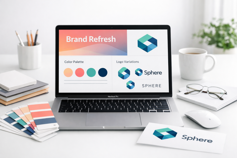 Professional workspace with laptop showing brand refresh design interface and branding elements in a clean, modern style