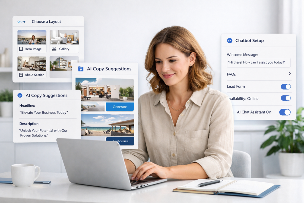 Small business owner using an AI website builder on a laptop with layout, copy, and design suggestions on screen.