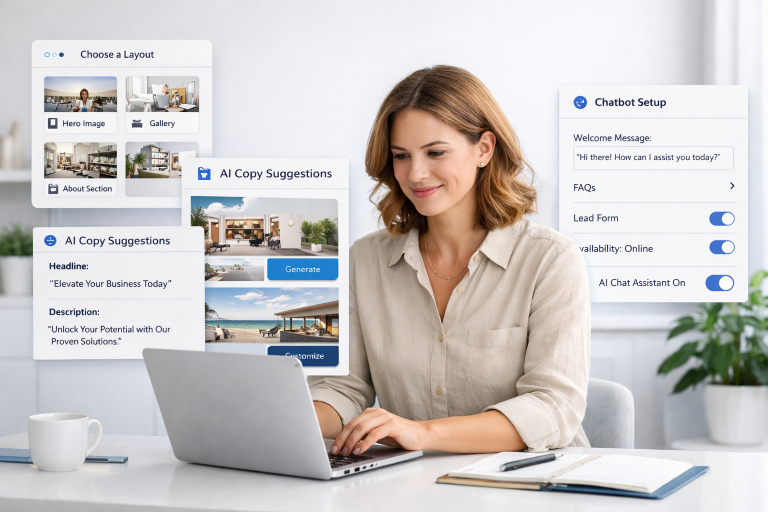Small business owner using an AI website builder on a laptop with layout, copy, and design suggestions on screen.
