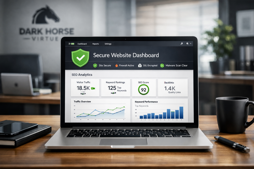 Modern professional workspace with laptop showing website security and SEO analytics dashboard