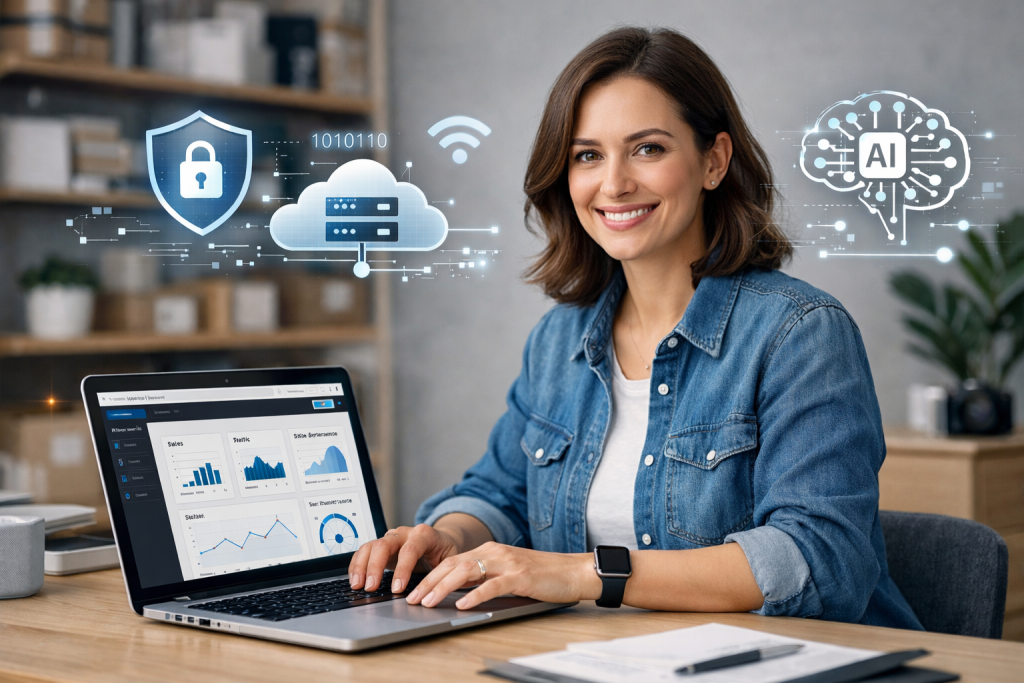 Small business owner working on laptop with digital graphics representing reliable and secure web hosting