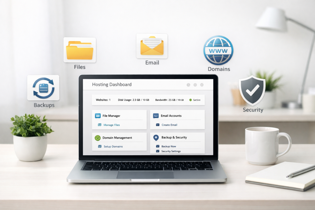Modern laptop showing a web hosting dashboard with icons for files, email, domains, backups, and security.