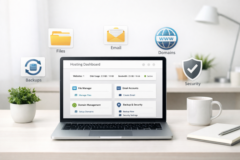 Modern laptop showing a web hosting dashboard with icons for files, email, domains, backups, and security.