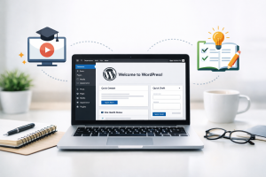 Modern editorial image of a laptop displaying WordPress with icons symbolizing tutorials and learning