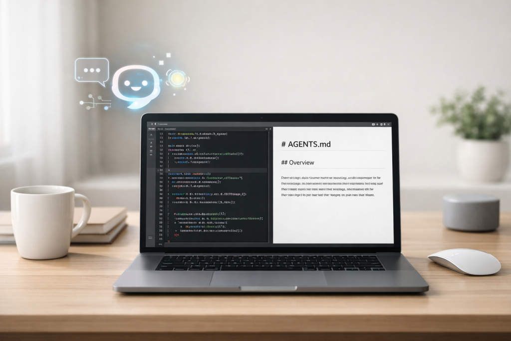 A laptop showing code beside an AGENTS.md document, illustrating project instructions for AI coding agents.