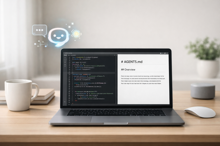 A laptop showing code beside an AGENTS.md document, illustrating project instructions for AI coding agents.